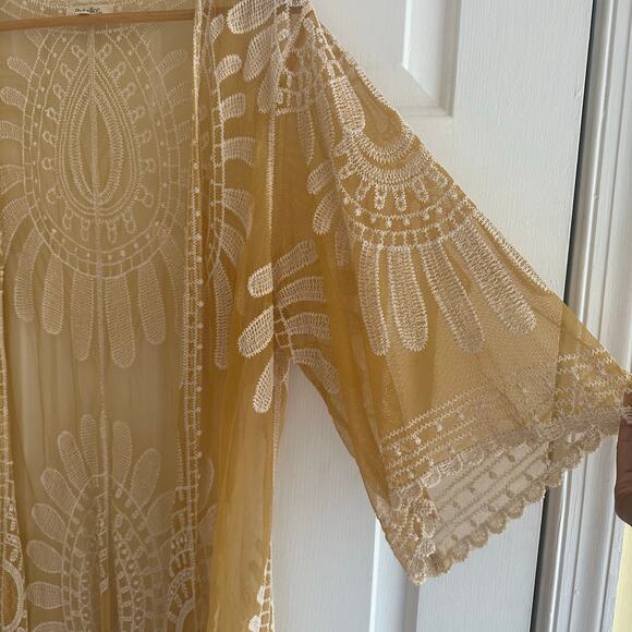 Rebellion Again Bohemian Lace Embroidered Kimono‎ Duster Yellow Size Medium - Picture 3 of 6